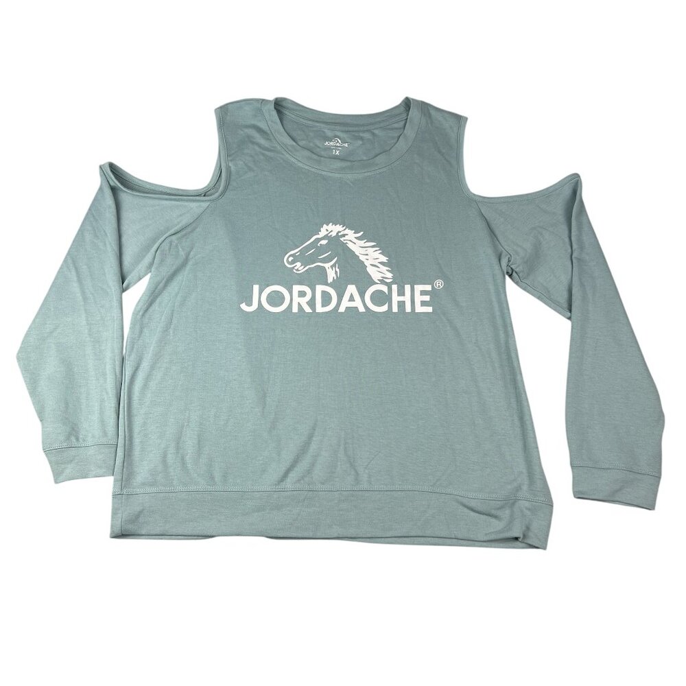 Jordache Light Sage Green Horse Logo Cold Shoulder Long Sleeve Top Women's 1X